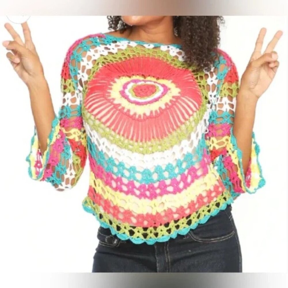Ancestry Fashions 100% COTTON OPEN-KNIT COLORFUL CROCHET Sweater Size L
